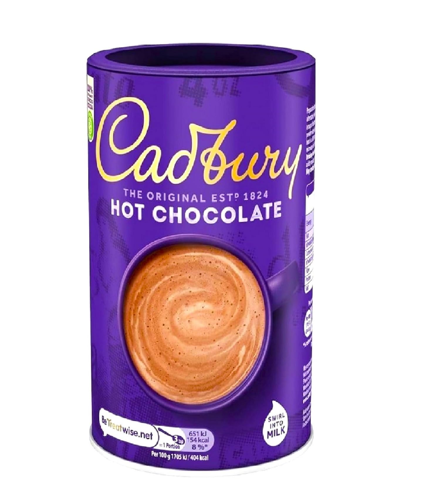 Cadbury Drinking Chocolate tub open with spoon for easy serving.