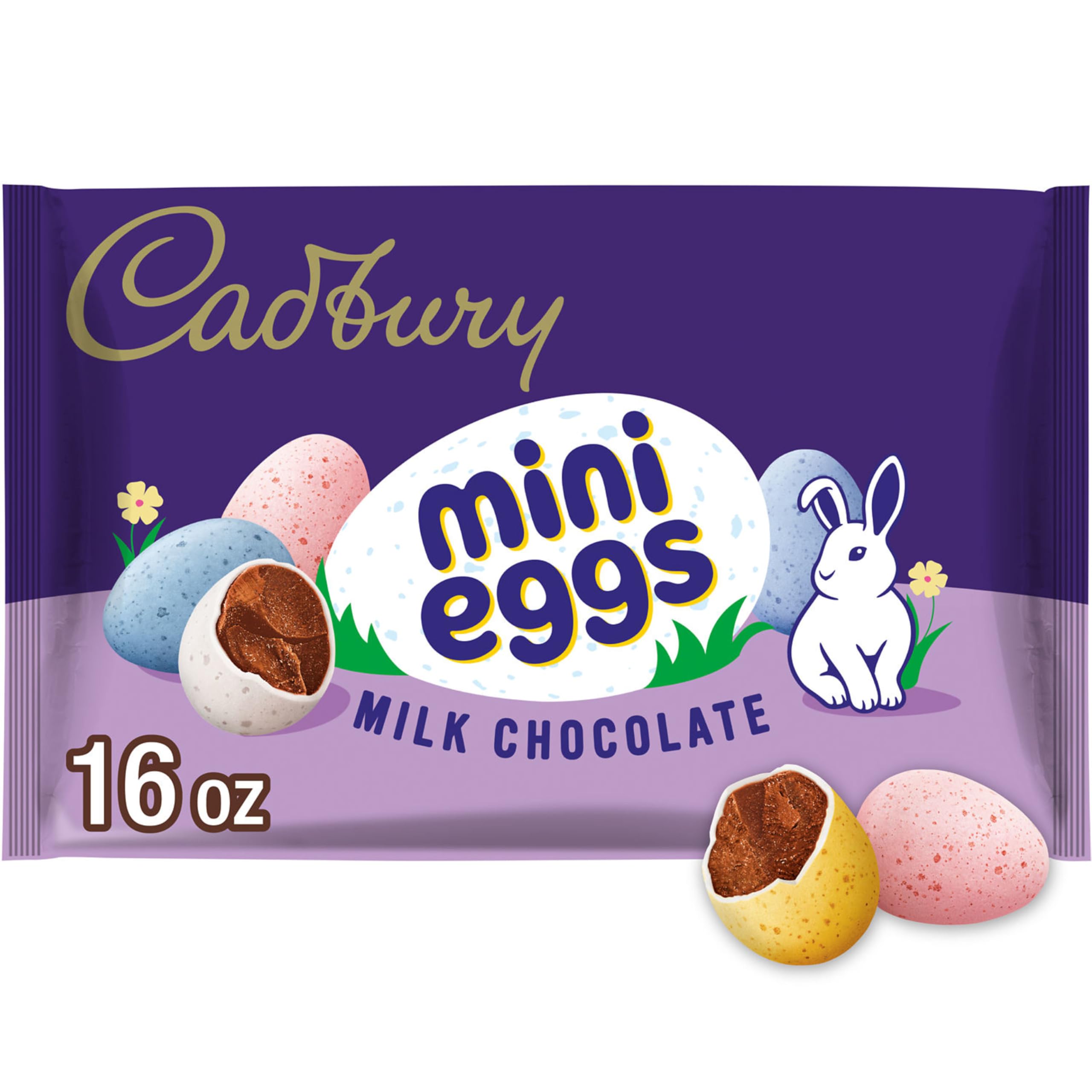 Cadbury Mini Eggs milk chocolate with crisp sugar shell bag for Easter snacking.