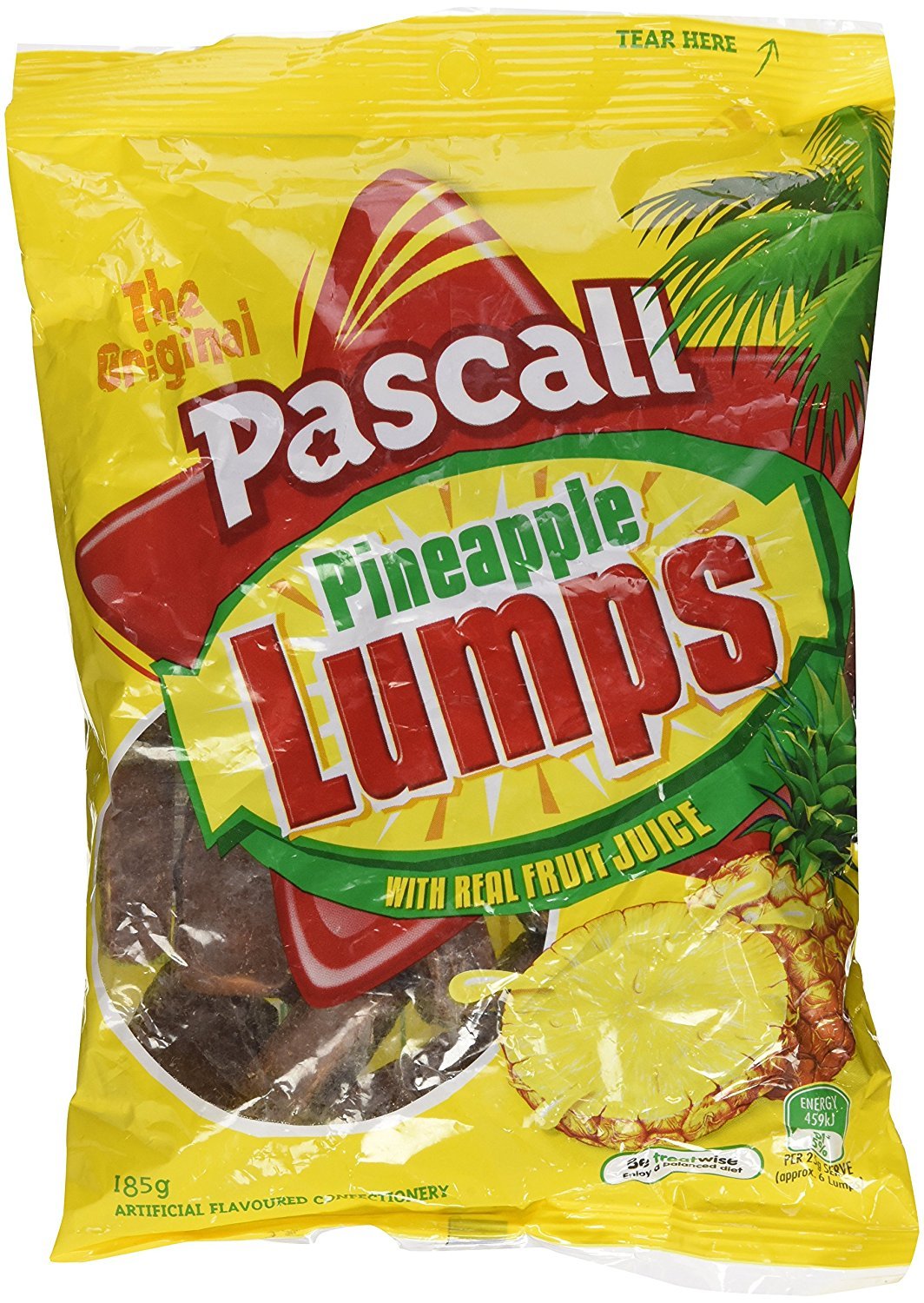 Cadbury Pascall Pineapple Lumps 185g bag, pineapple-chocolate treat with real fruit juice for snacking.