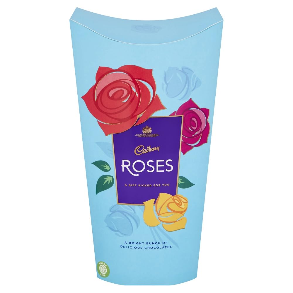 Cadbury Roses 290g carton with individually wrapped chocolates, ideal for sharing