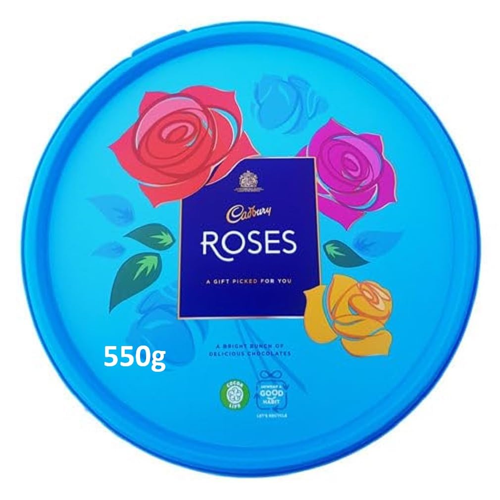 Cadbury Roses milk chocolate tin 550g for sharing at gatherings.