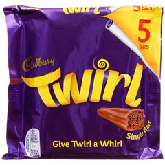 Cadbury Twirl 5 Pack close-up; creamy milk chocolate twists ideal for gifting.