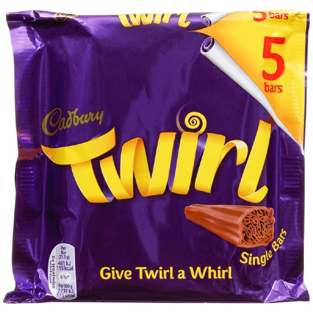 Cadbury Twirl 5 Pack packshot; shareable milk chocolate bars for on-the-go snacking.
