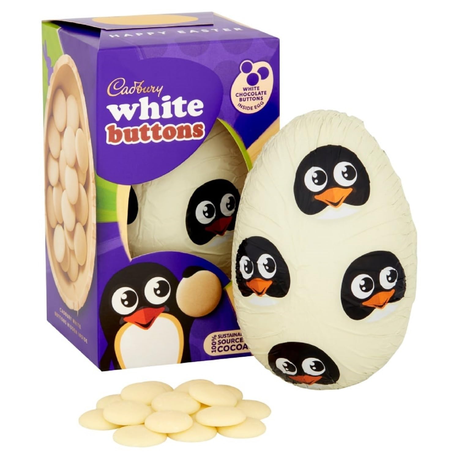 Cadbury White Buttons Egg close-up texture highlights smooth melt and creamy finish.