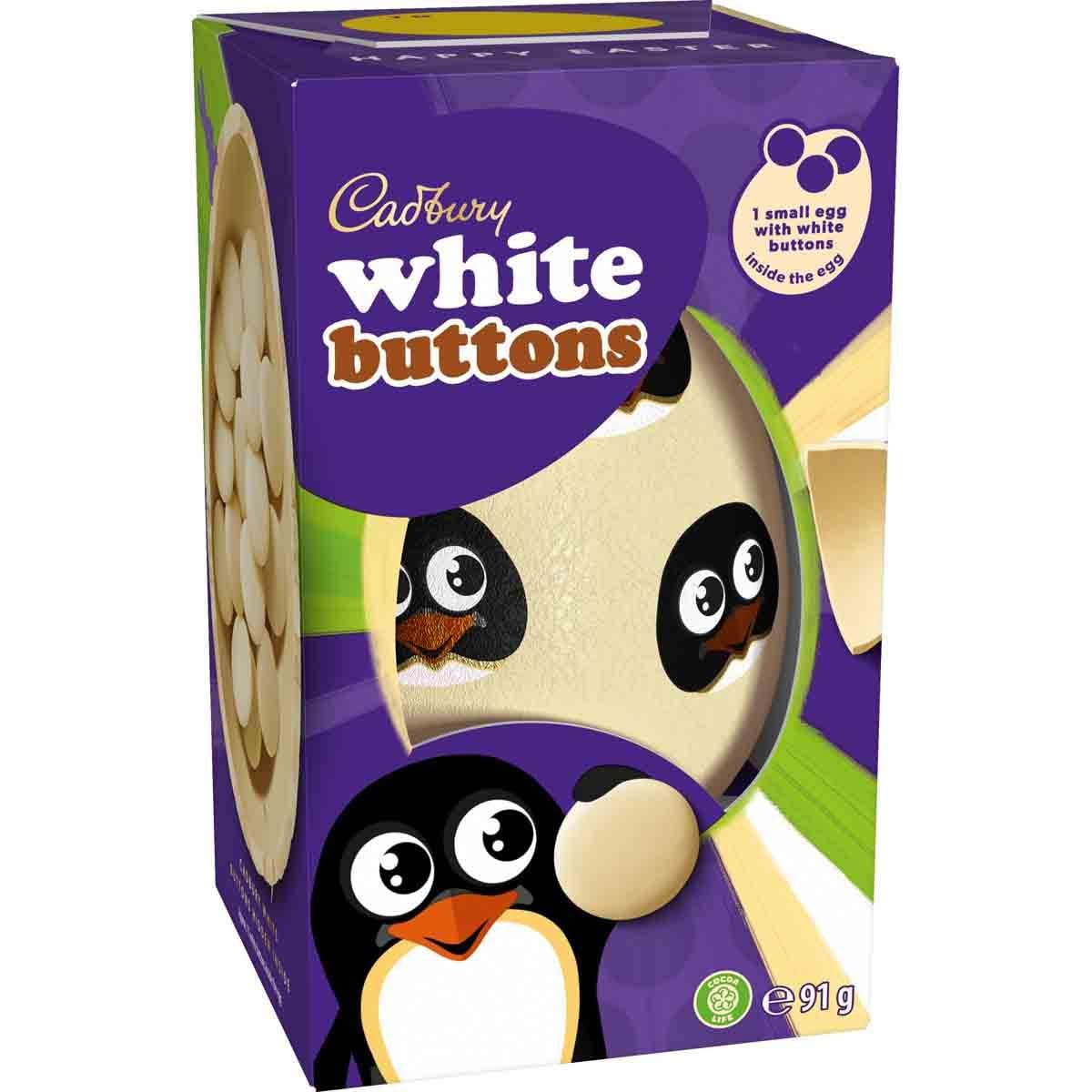Cadbury White Buttons Egg Easter display showcases a festive scene with creamy chocolate.