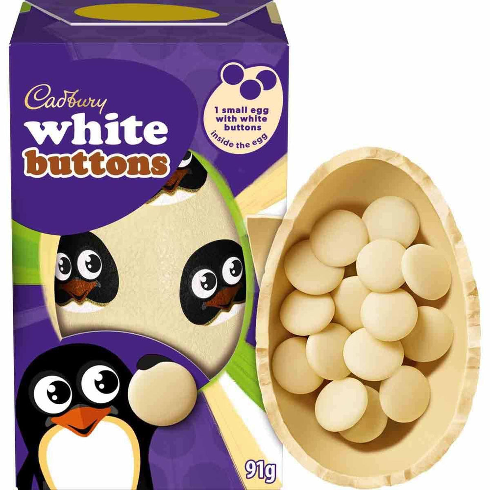 Cadbury White Buttons Egg front view shows creamy white chocolate for a smooth Easter treat.