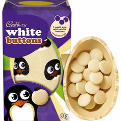 Cadbury White Buttons Egg front view shows creamy white chocolate for a smooth Easter treat.