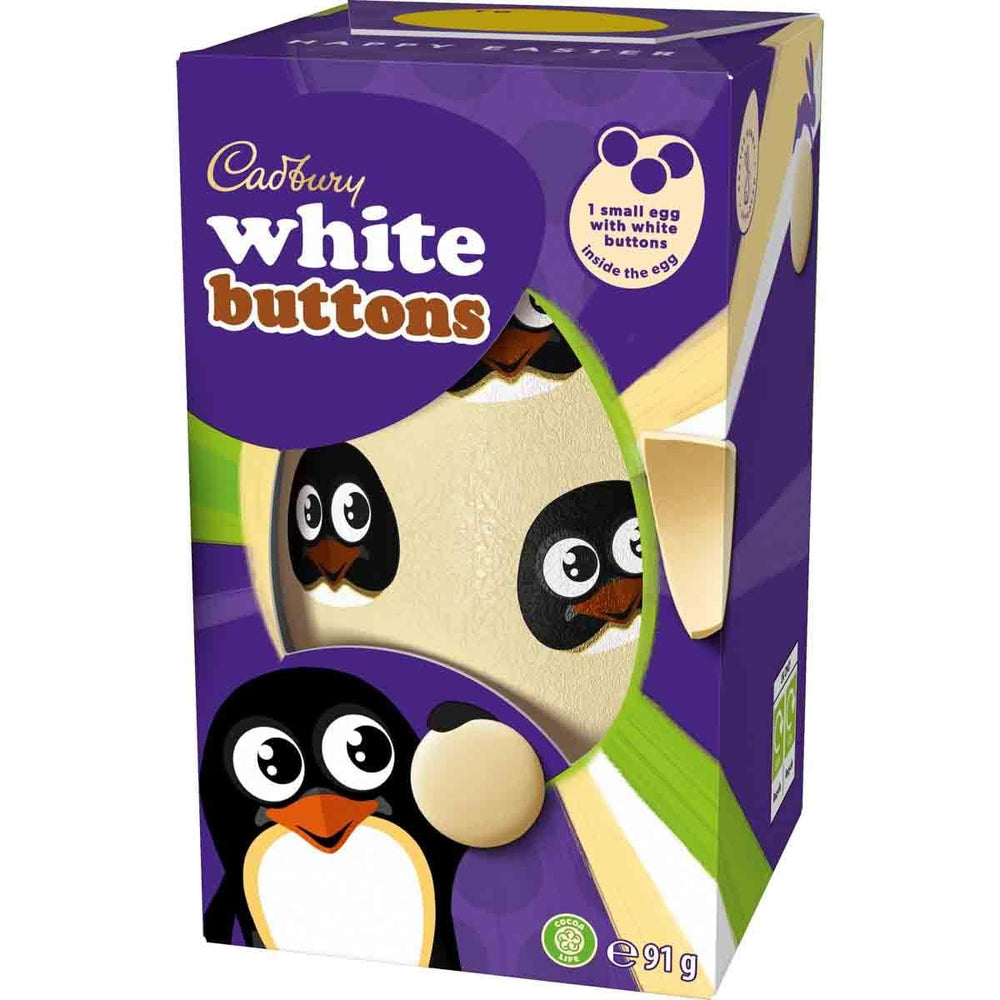 Cadbury White Buttons Egg side view highlights the chocolate shell and easy-to-share button bag.