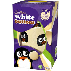 Cadbury White Buttons Egg side view highlights the chocolate shell and easy-to-share button bag.