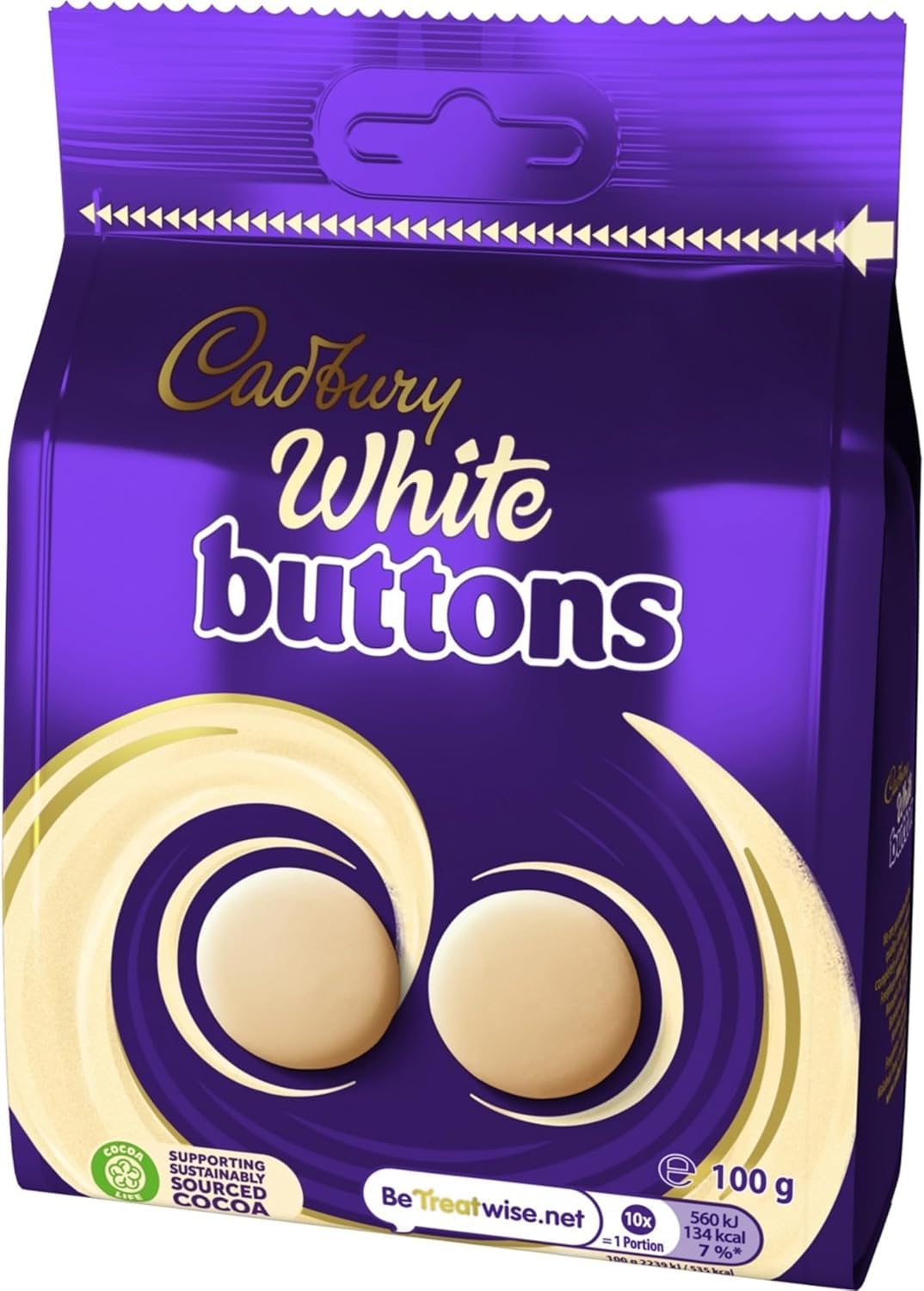 Cadbury White Giant Buttons bag view, convenient snack for home, work, or on the go