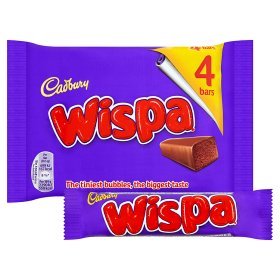 Cadbury Wispa bar unwrapped close-up, velvety milk chocolate with light, fluffy texture.
