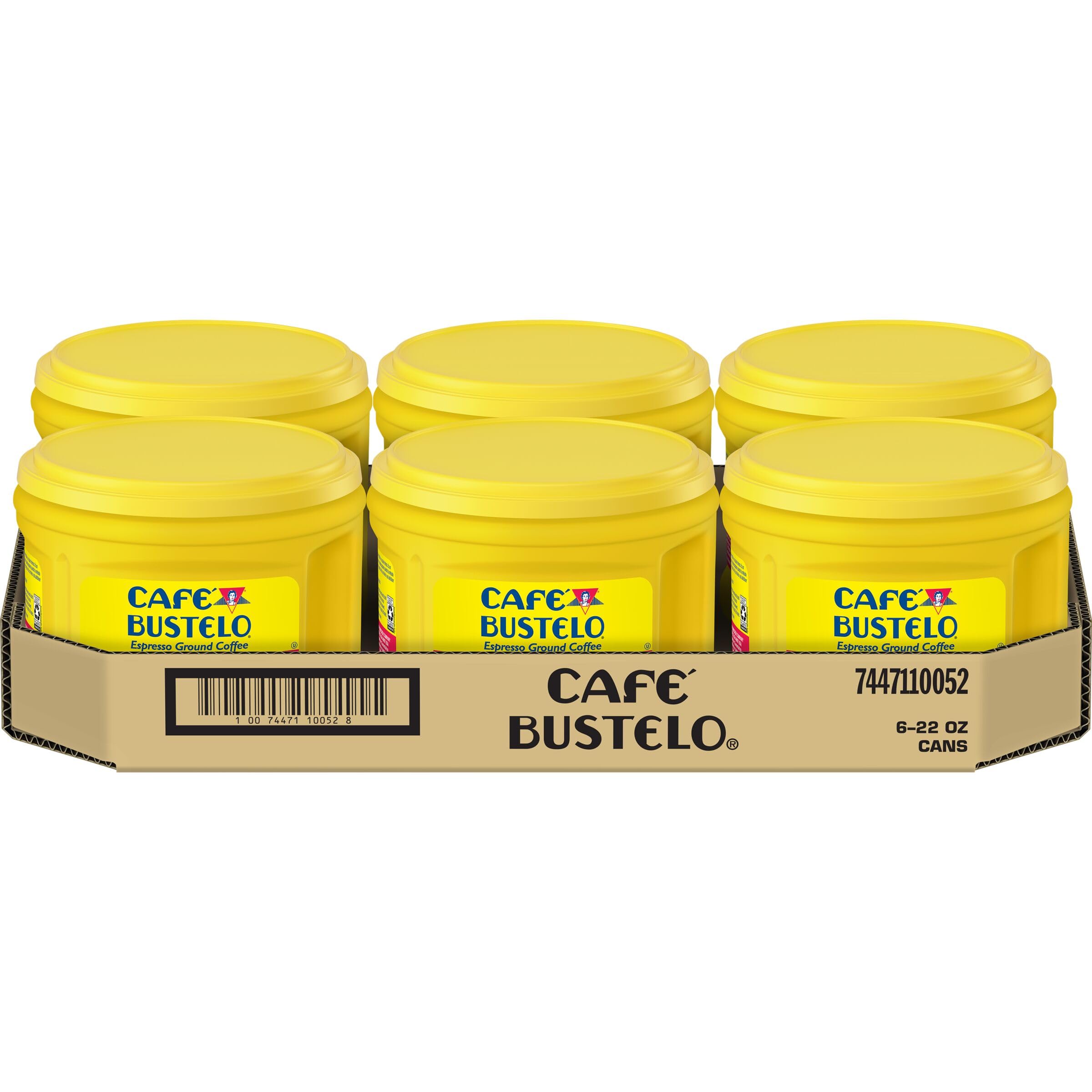 Cafe Bustelo Espresso Ground Coffee six-can case on display for convenient home use.