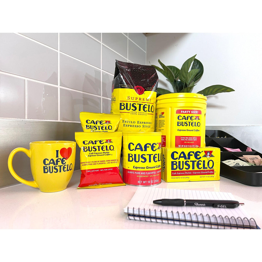 Cafe Bustelo Espresso Ground Coffee steaming mug ready for a bold morning ritual.