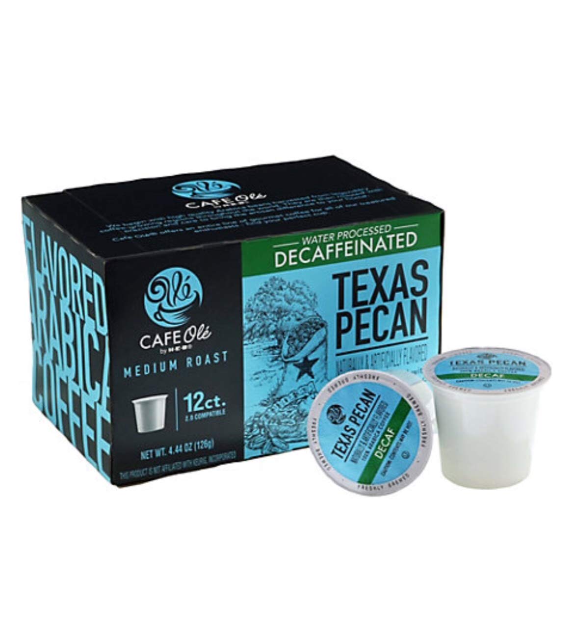 Cafe Ole Texas Pecan Decaf K-Cup coffee with smooth pecan flavor for afternoon enjoyment.