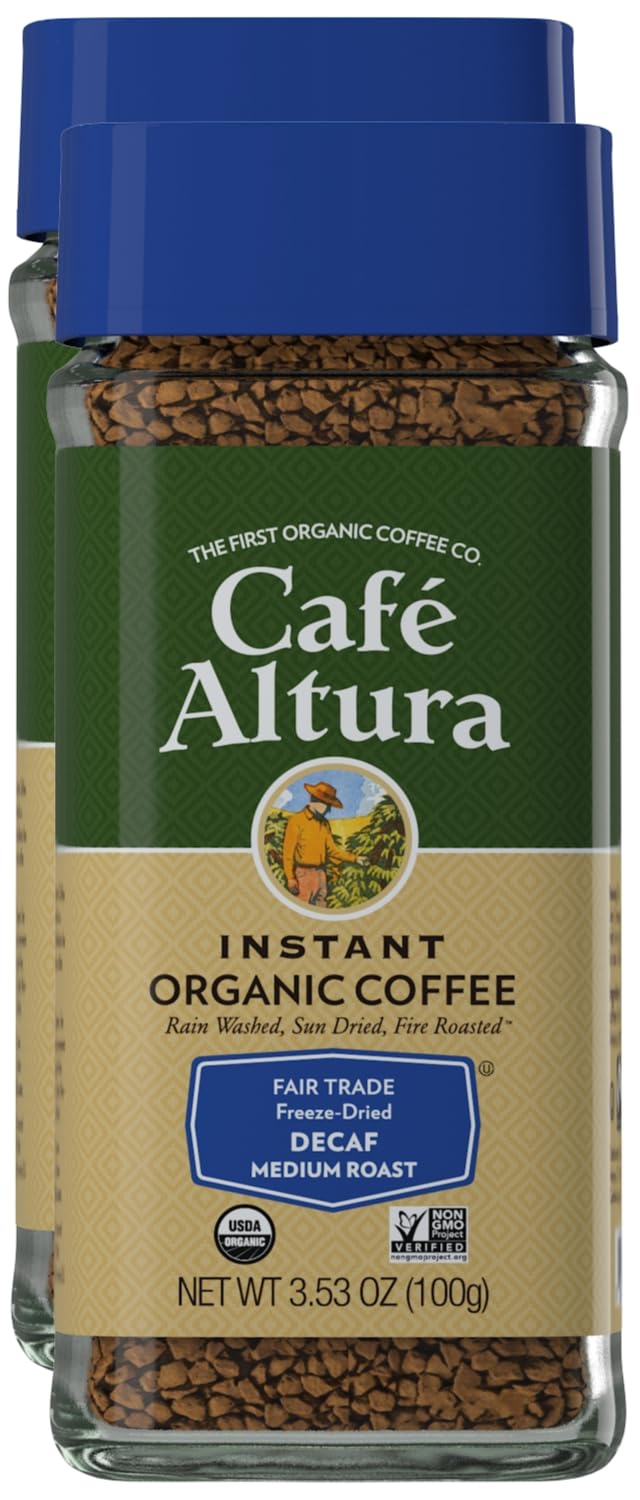Cafe Altura decaf freeze-dried jar close-up highlighting fresh aroma for quick coffee.