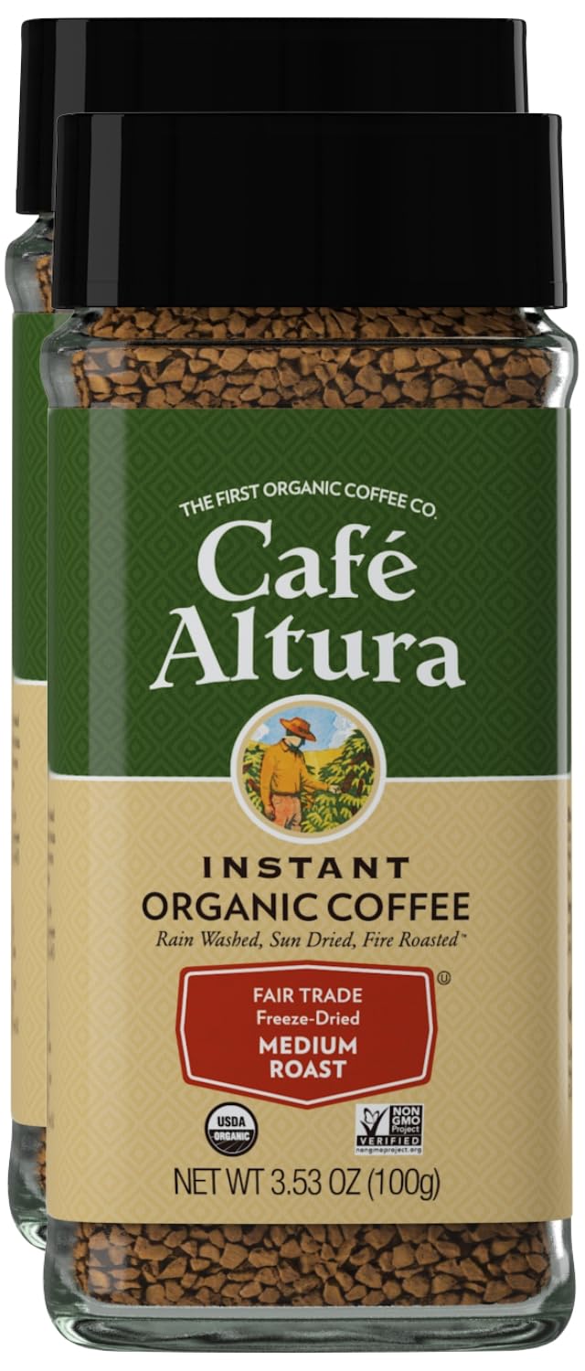 Cafe Altura freeze-dried instant coffee jar highlights freshness and quick brewing.