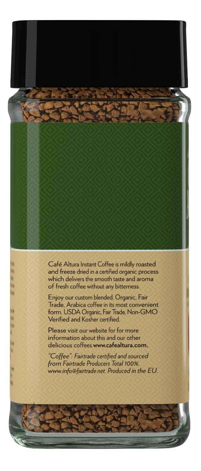 Cafe Altura organic fair trade jar on kitchen counter, sustainable packaging.
