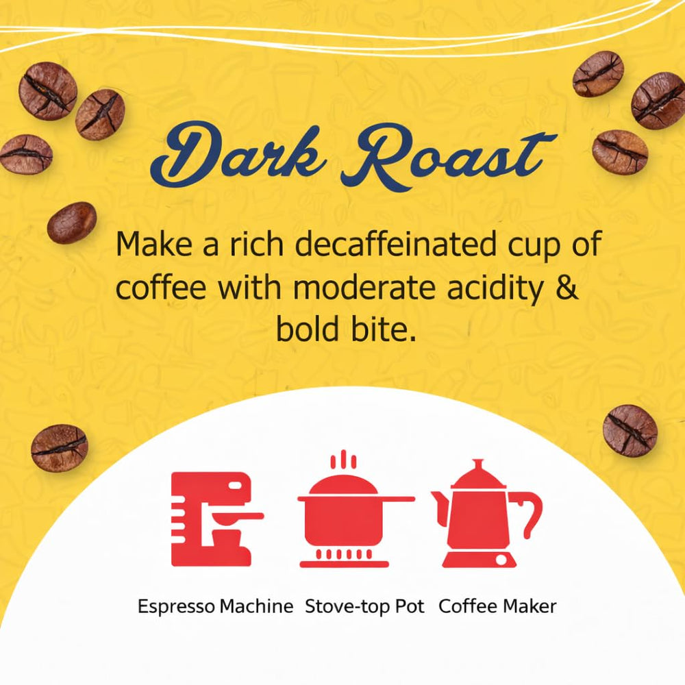 Cafe Aroma Decaf ground coffee ideal for drip brew and French press.