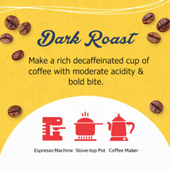 Cafe Aroma Decaf ground coffee ideal for drip brew and French press.