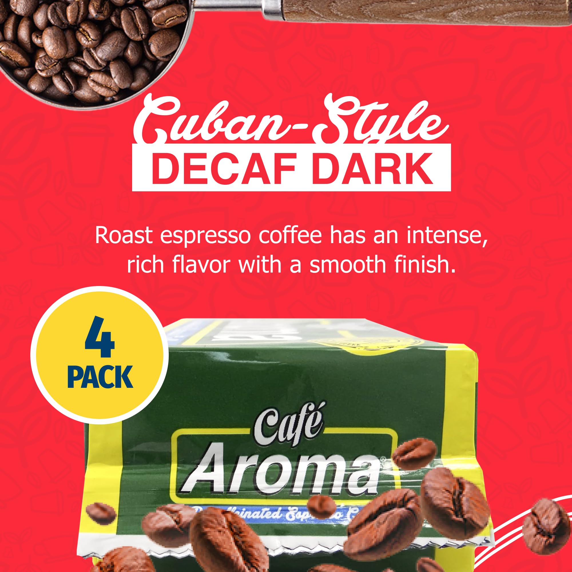 Cafe Aroma Decaf Espresso Dark Roast beans ready for espresso machines.