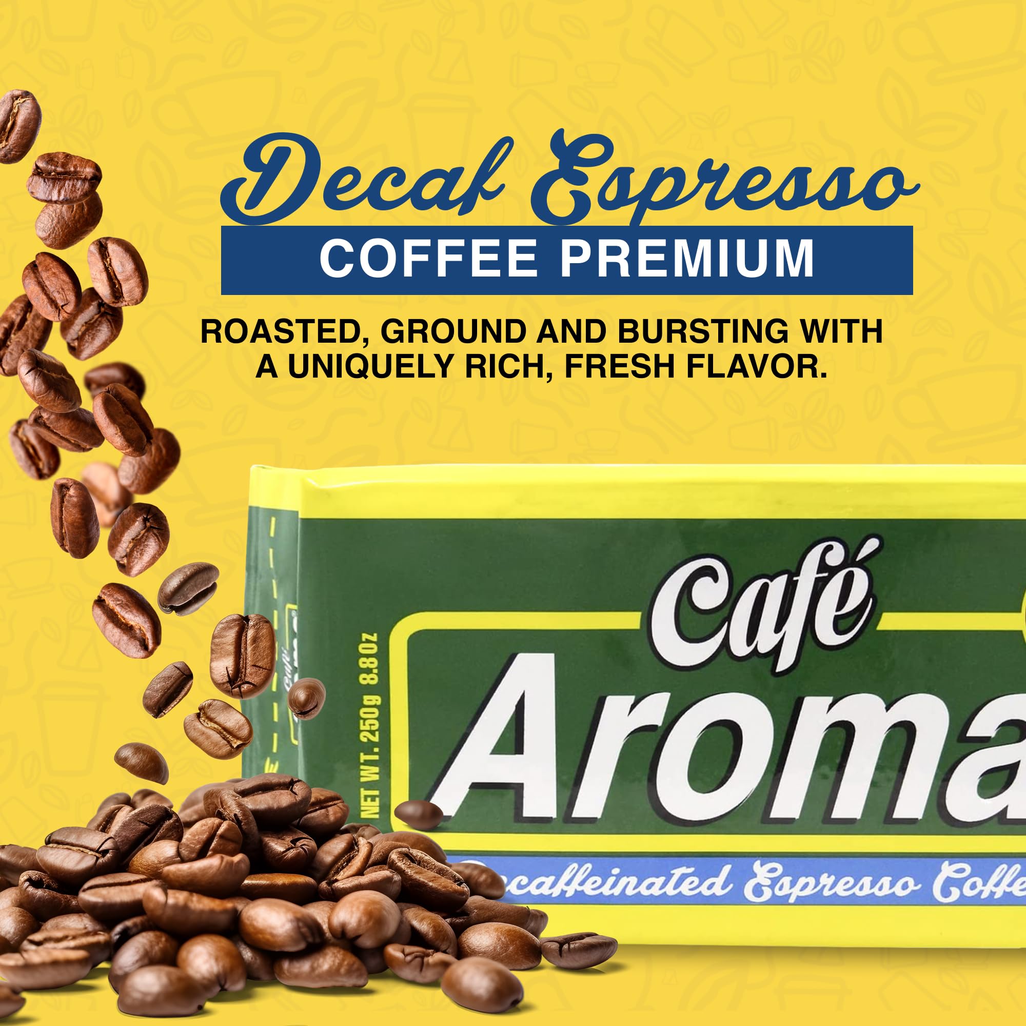 Cafe Aroma Decaf espresso being poured into a cup shows hot and iced brew versatility.