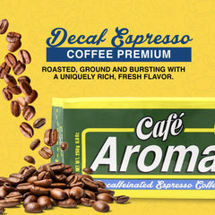 Cafe Aroma Decaf espresso being poured into a cup shows hot and iced brew versatility.