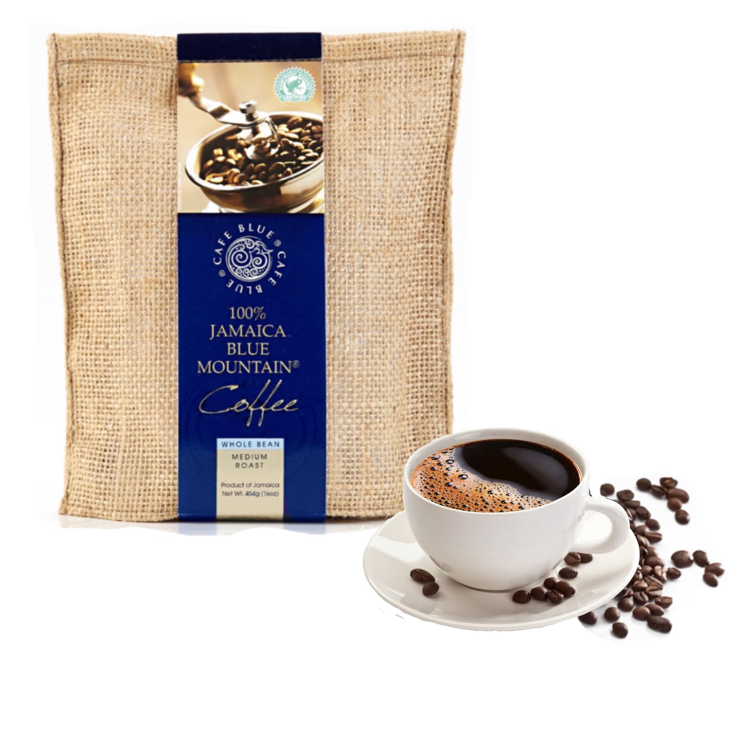 Cafe Blue Blue Mountain whole bean from Clifton Mount Estate, rich aroma for a premium brew.