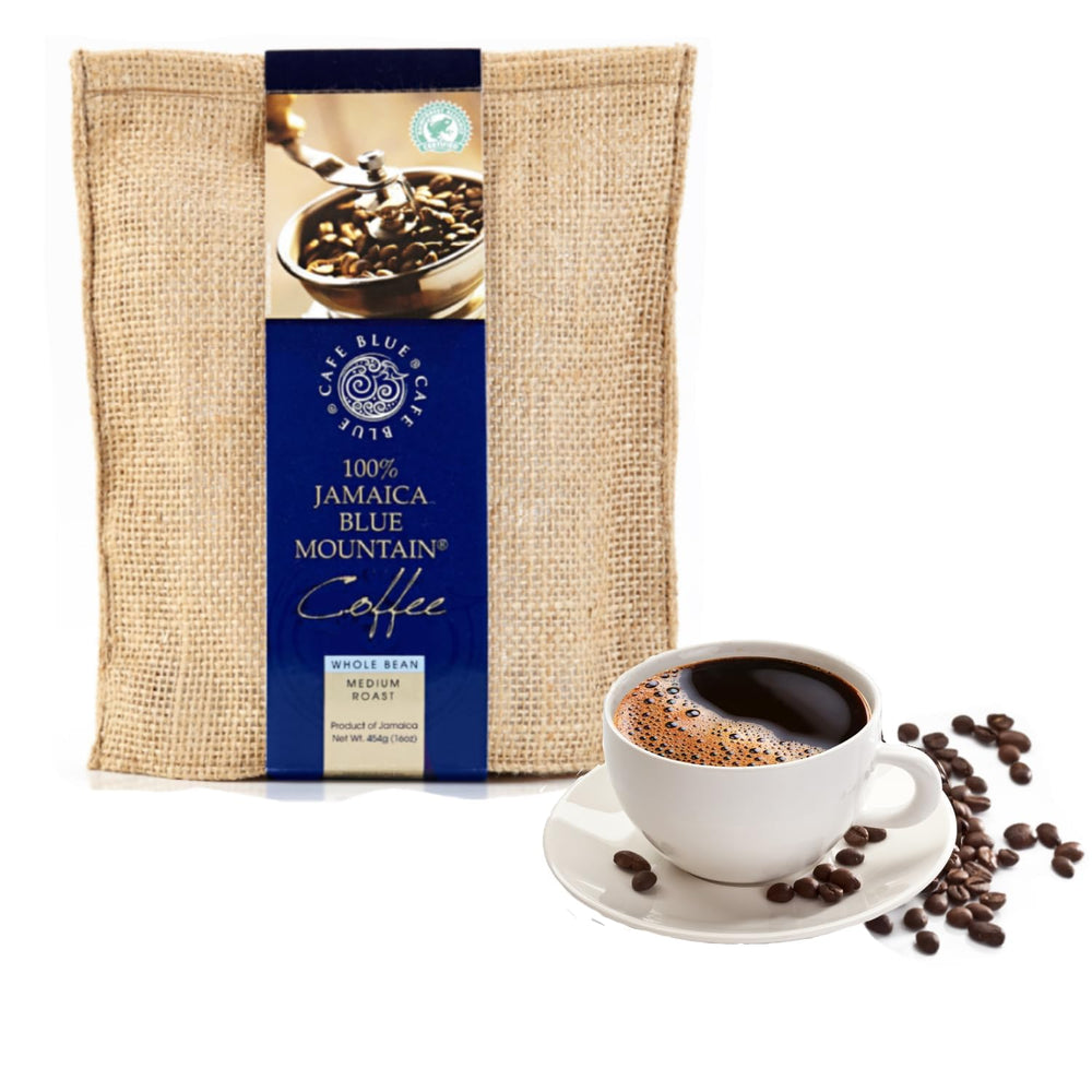 Cafe Blue Blue Mountain whole bean from Clifton Mount Estate, rich aroma for a premium brew.