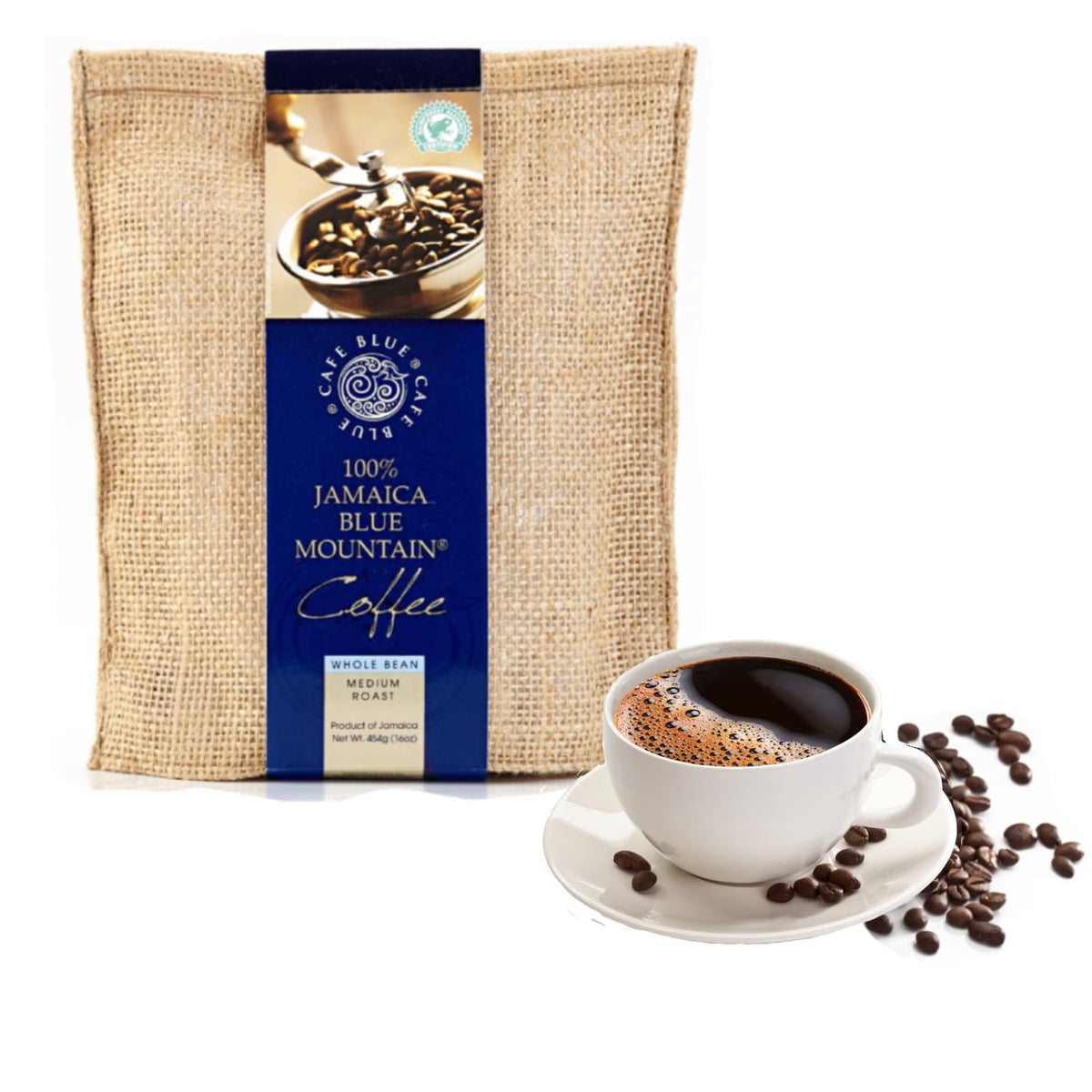 Cafe Blue Blue Mountain whole bean from Clifton Mount Estate, rich aroma for a premium brew.