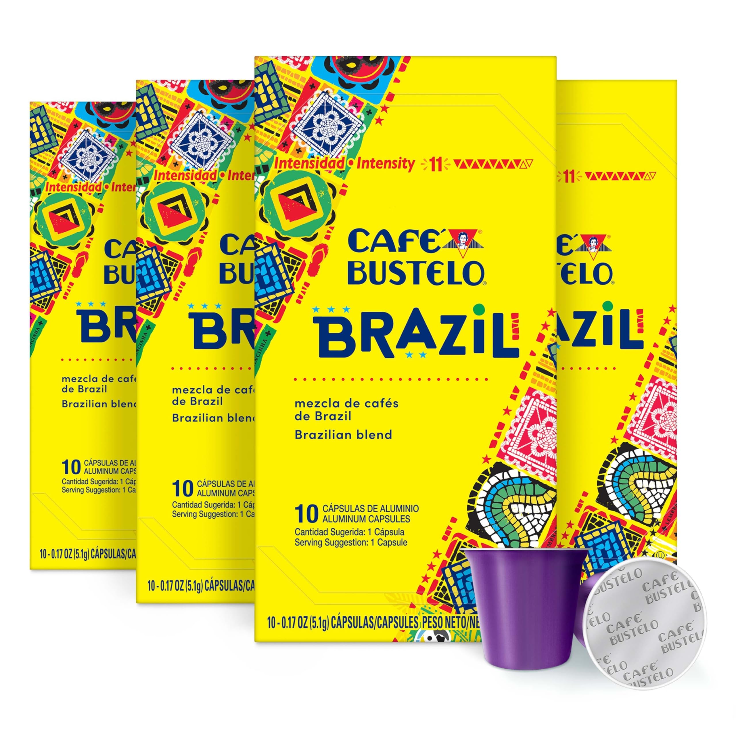 Cafe Bustelo aluminum espresso capsules Brazil blend pack for quick, bold espresso at home.