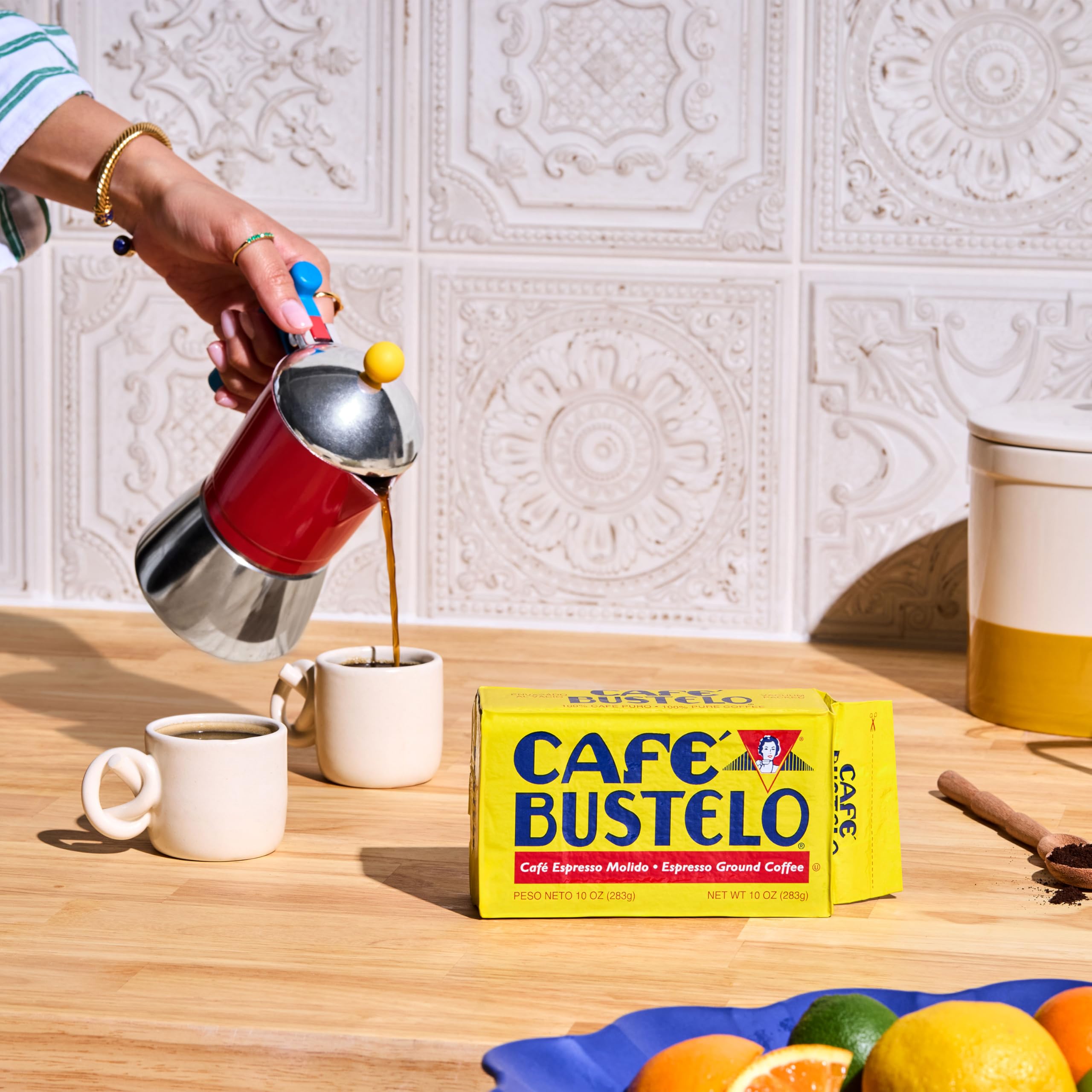 Cafe Bustelo cafecito and leche setup for rich crema potential.
