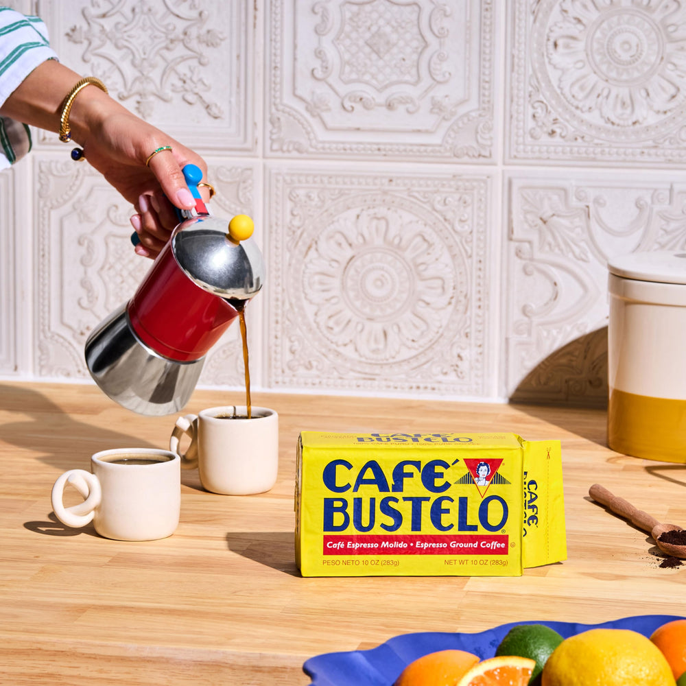 Cafe Bustelo cafecito and leche setup for rich crema potential.