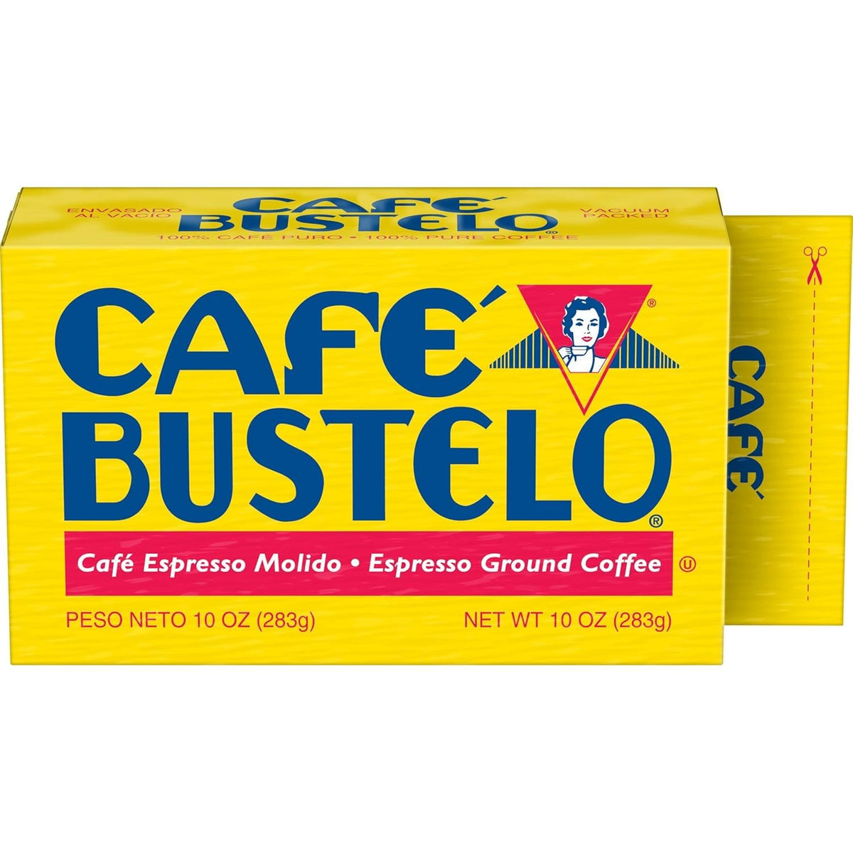 Cafe Bustelo dark roast brick in a vacuum pack for bold espresso.