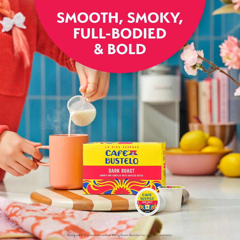 Box of Cafe Bustelo dark roast pods showcasing compact single-serve design