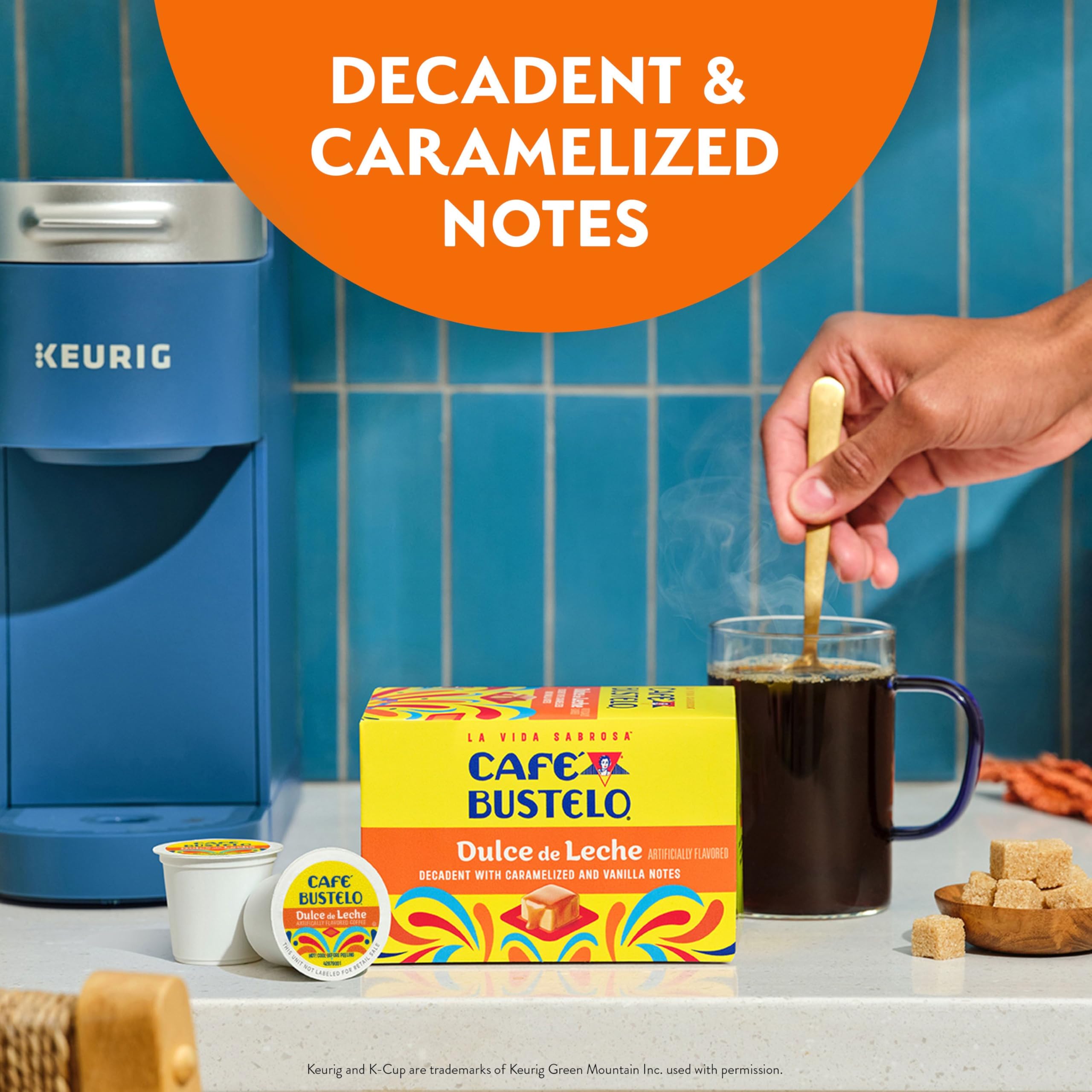 Six-box display of Café Bustelo Dulce de Leche pods for home use.