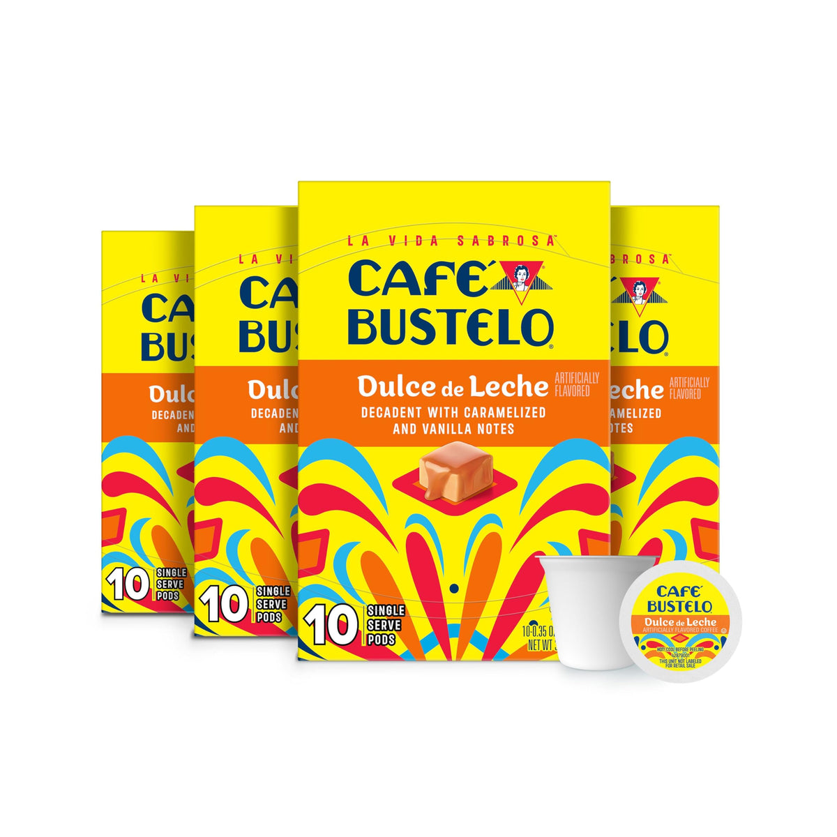Café Bustelo Dulce de Leche pods in boxes, ideal for quick single-serve mornings.
