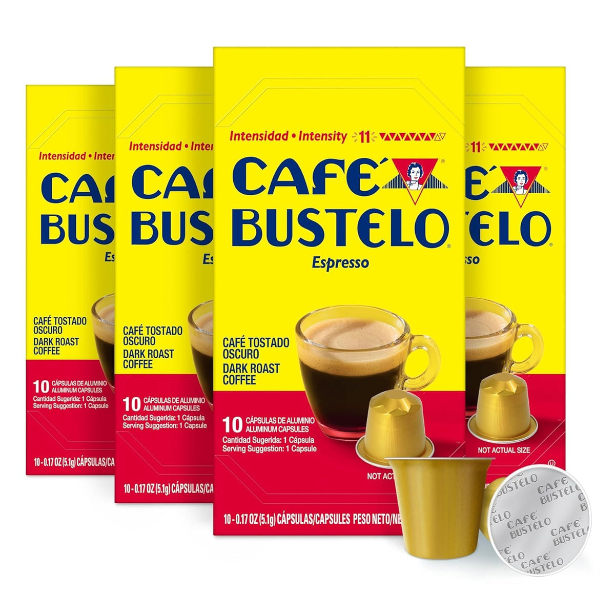 Cafe Bustelo espresso capsules box front for quick bold espresso