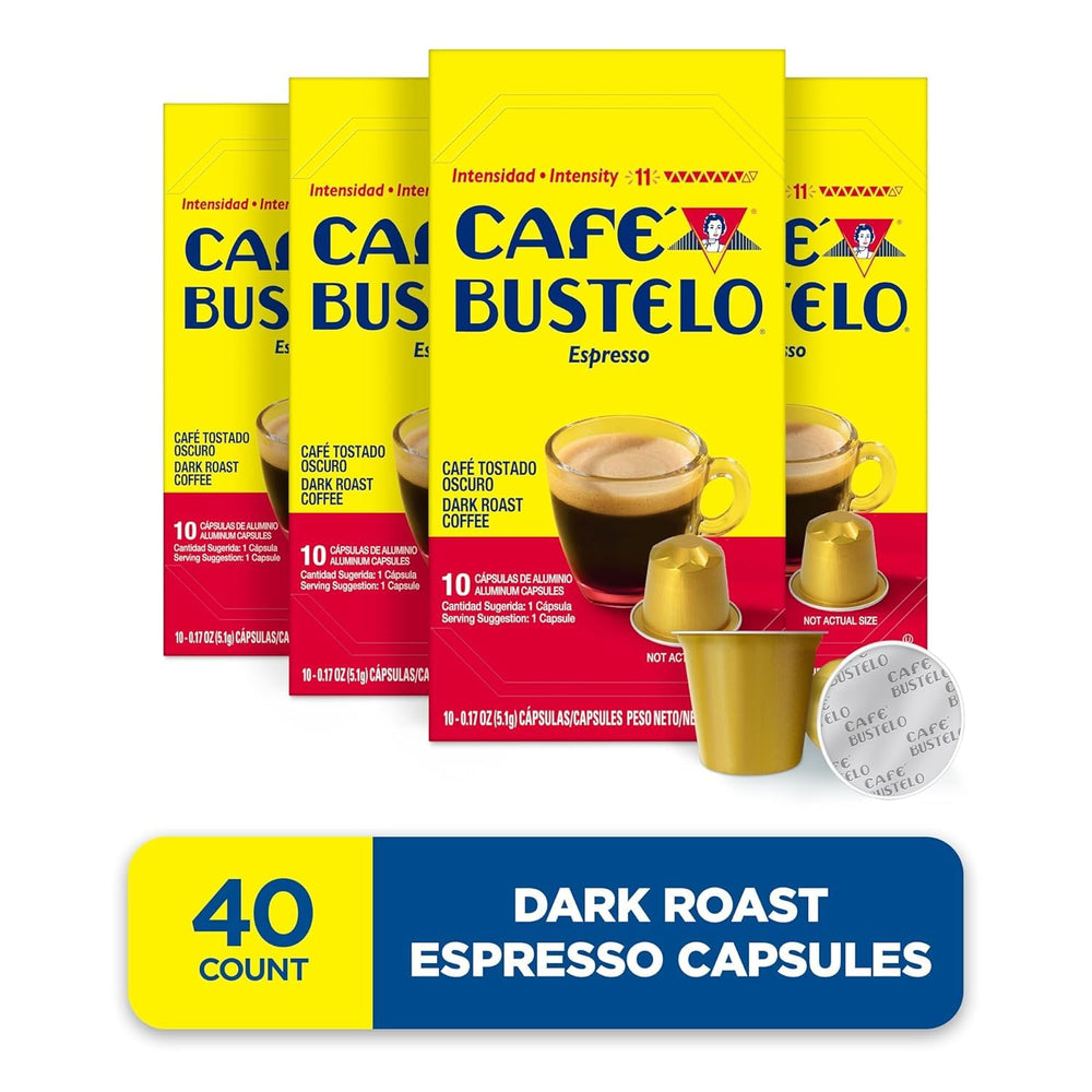 Cafe Bustelo capsules in brew setup showing crema and richness