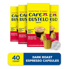 Cafe Bustelo capsules in brew setup showing crema and richness