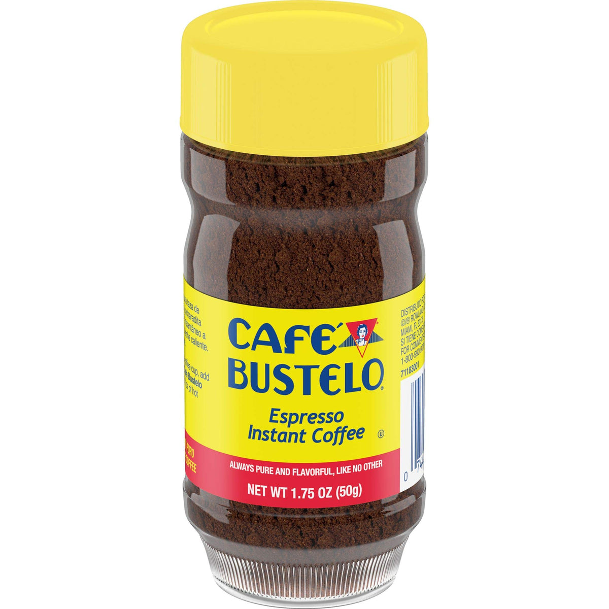 Café Bustelo espresso-style instant coffee jar delivers bold flavor in a convenient container.