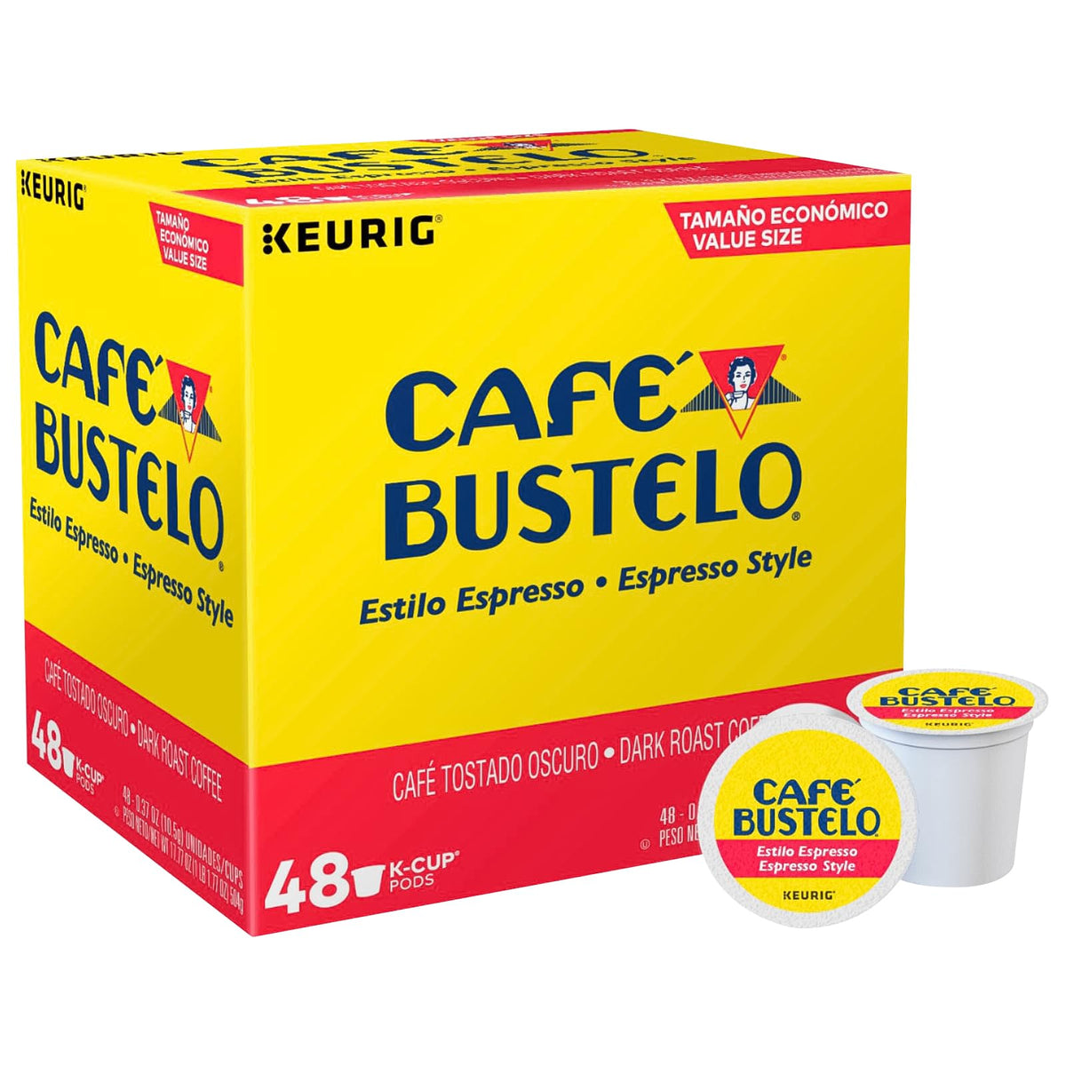 Cafe Bustelo Espresso Roast K-Cup packs front label highlighting bold aroma for morning espresso