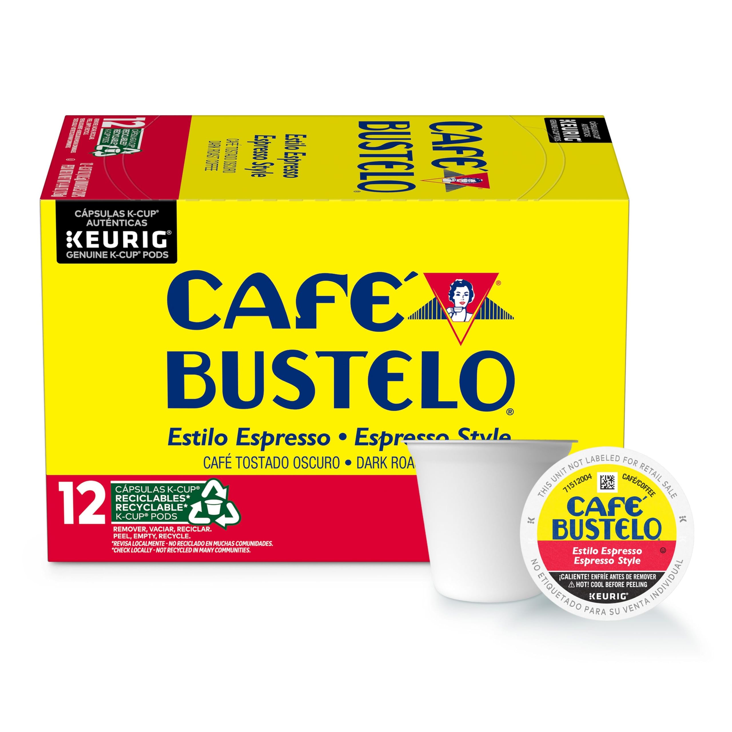Cafe Bustelo espresso-style dark roast 12-count box for bold mornings.