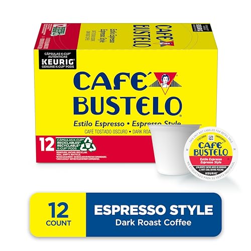 Cafe Bustelo espresso-style dark roast K-Cup pods for quick, rich brews.