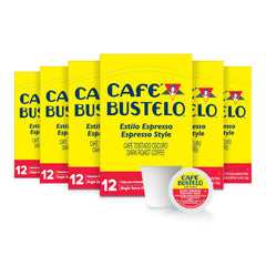 Cafe Bustelo Espresso Style Dark Roast K-Cup pods in boxes, bold coffee ready to brew.