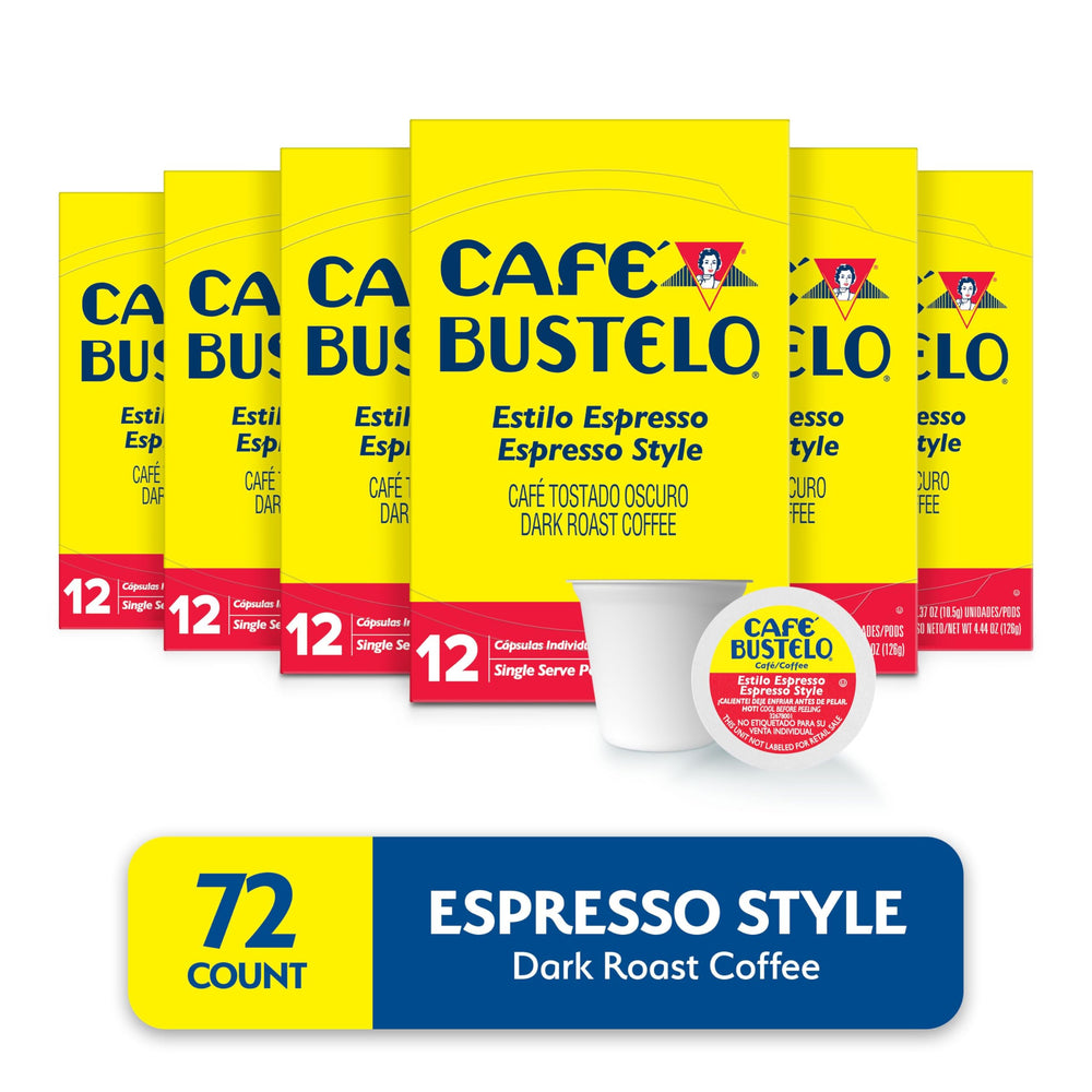 Close-up of Cafe Bustelo K-Cup packaging highlighting convenient, quick-brew pods.
