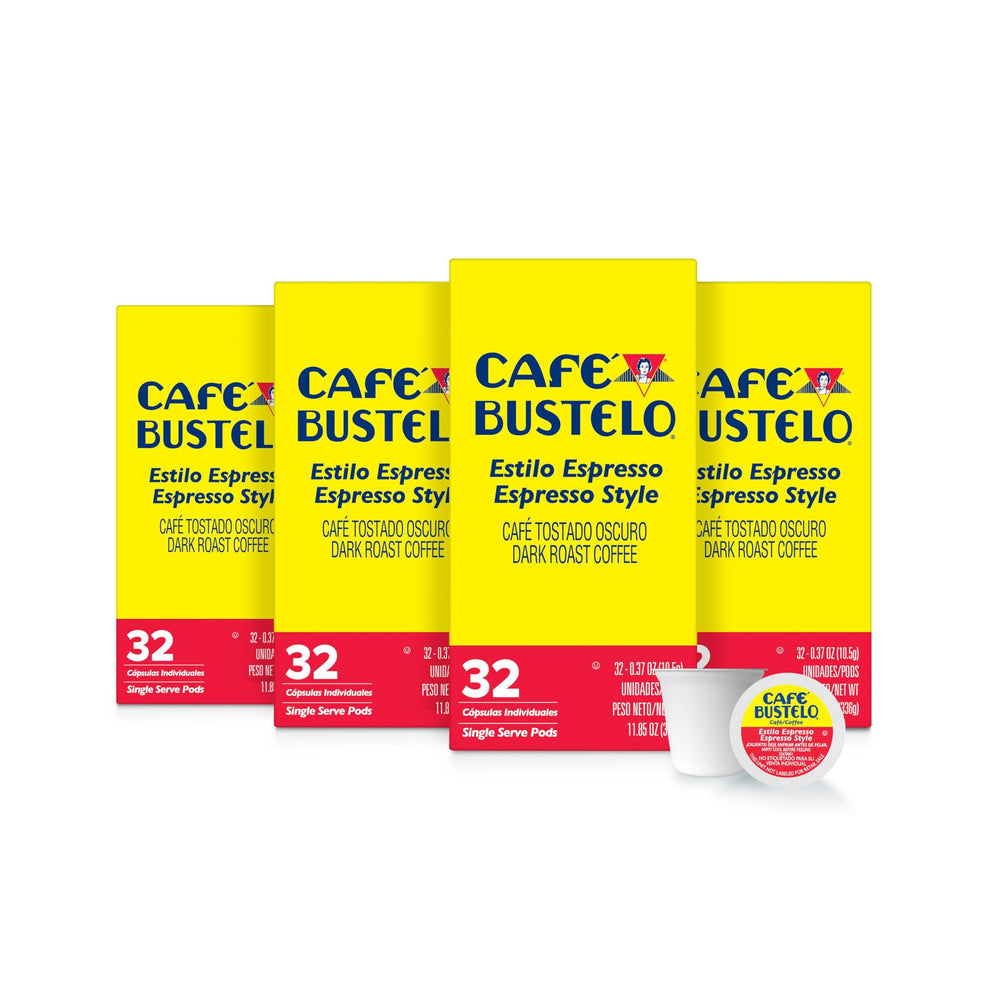 Cafe Bustelo Espresso Style dark roast pods box for bold mornings.