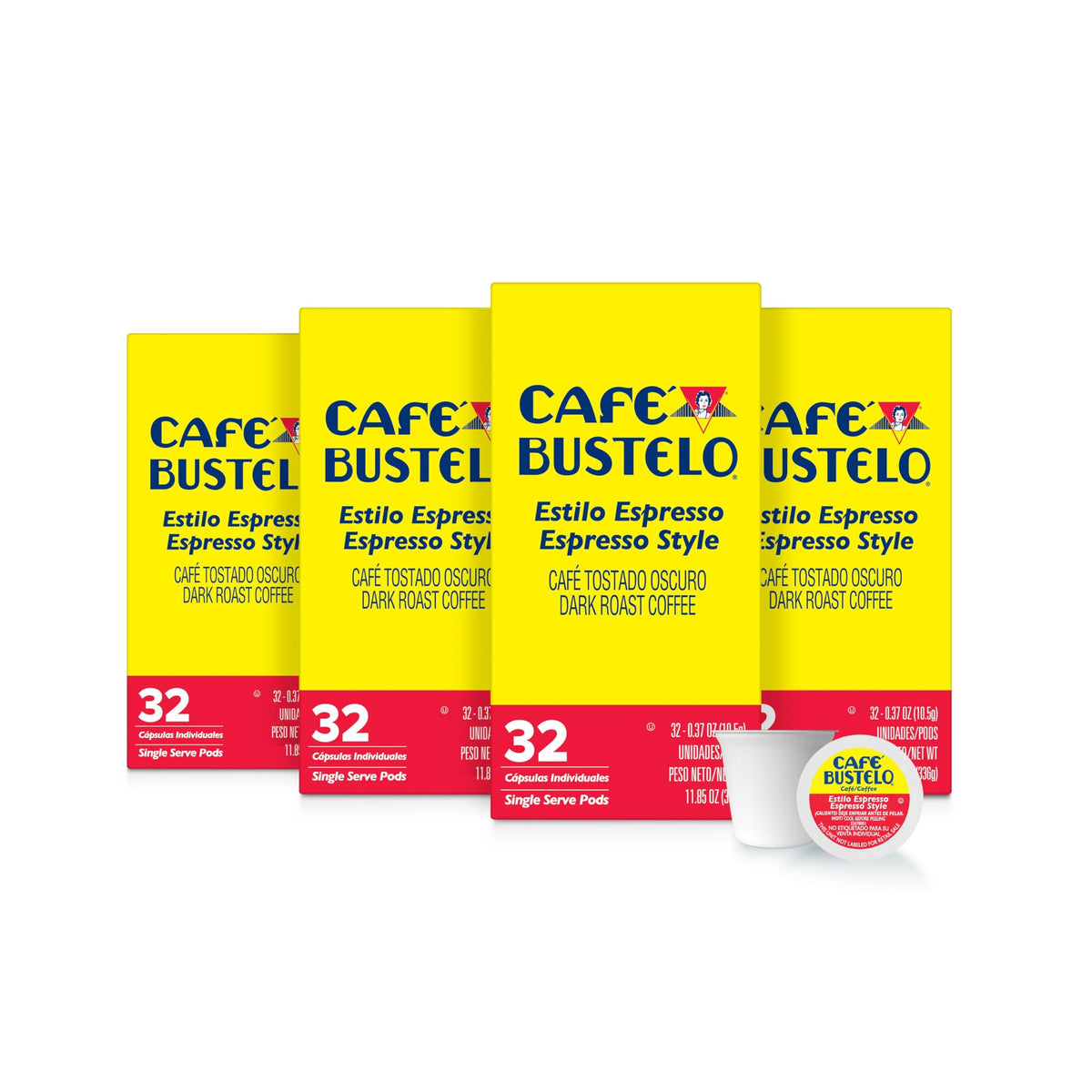 Cafe Bustelo Espresso Style dark roast pods box for bold mornings.