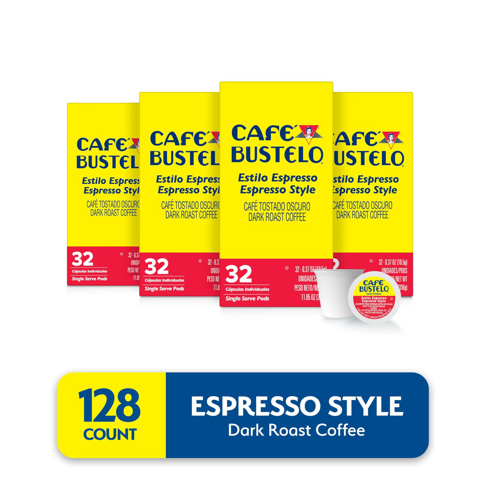 Cafe Bustelo Espresso Style dark roast pods cup demonstrates quick single-serve convenience.