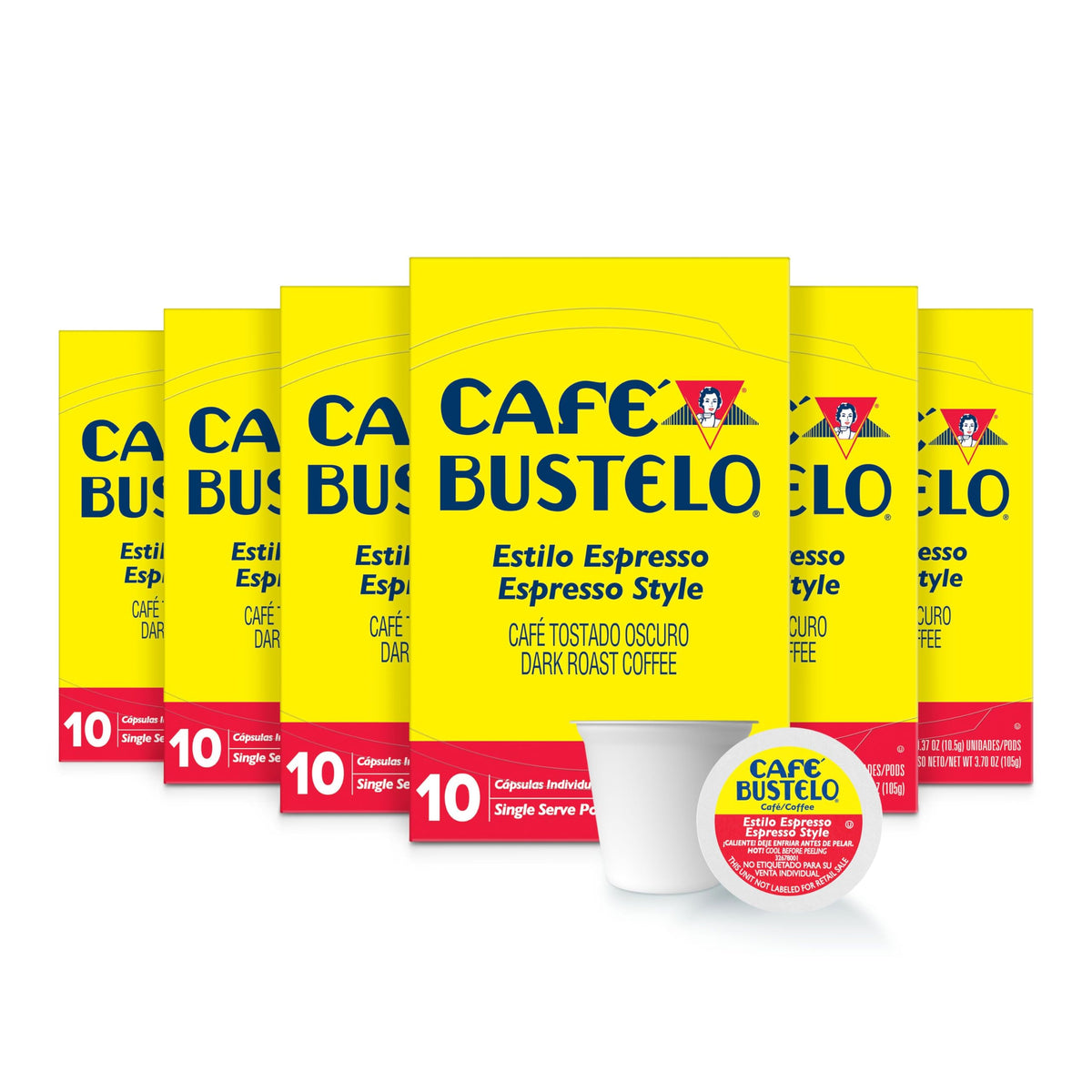 Cafe Bustelo espresso-style pod front view highlights bold flavor