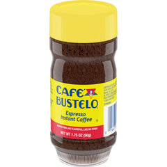 Instant coffee crystals dissolving, releasing Café Bustelo's bold aroma.